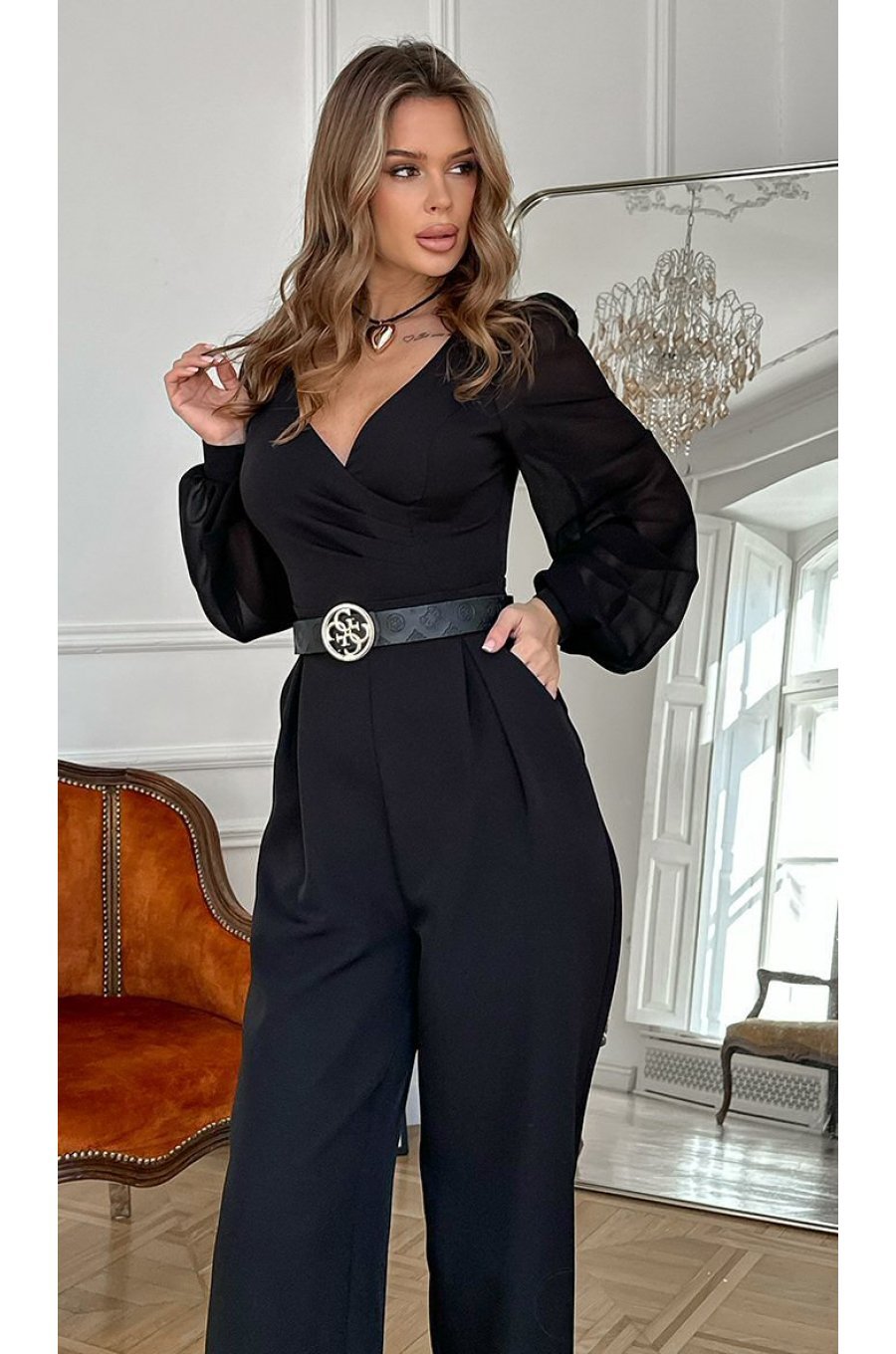 Salopeta eleganta evazata, neagra, din vascoza, cu maneca lunga, FeliceB Salopeta eleganta evazata, neagra, din vascoza, cu maneca lunga, FeliceB 4 - jojofashion.ro