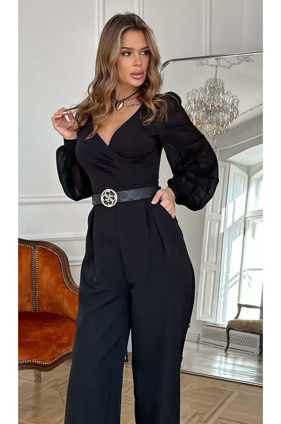 Salopeta dama eleganta evazata, neagra, din vascoza, cu maneca lunga, FeliceB 4 - jojofashion.ro