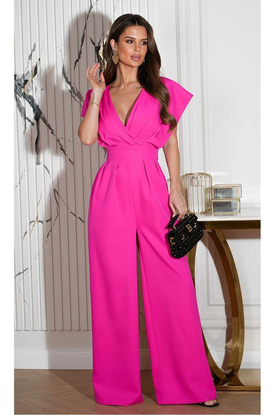 Salopeta eleganta evazata, vascoza roz fucsia, Ryoko Salopeta eleganta evazata, vascoza roz fucsia, Ryoko 1 - jojofashion.ro