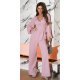 Salopeta eleganta evazata, roz prafuit, din vascoza, cu maneca lunga, FeliceB 4 - jojofashion.ro