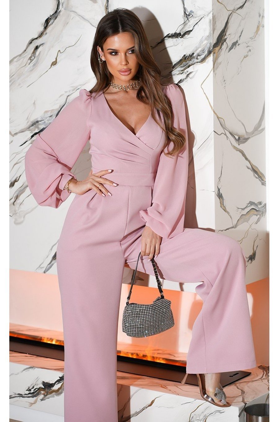 Salopeta eleganta evazata, roz prafuit, din vascoza, cu maneca lunga, FeliceB 5 - jojofashion.ro