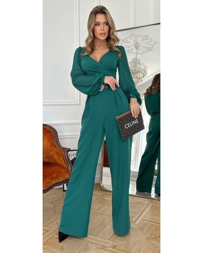 Salopeta eleganta evazata, verde, din vascoza, cu maneca lunga, FeliceB Salopete dama, Salopeta eleganta evazata, verde, din vascoza, cu maneca lunga, FeliceB - jojofashion.ro