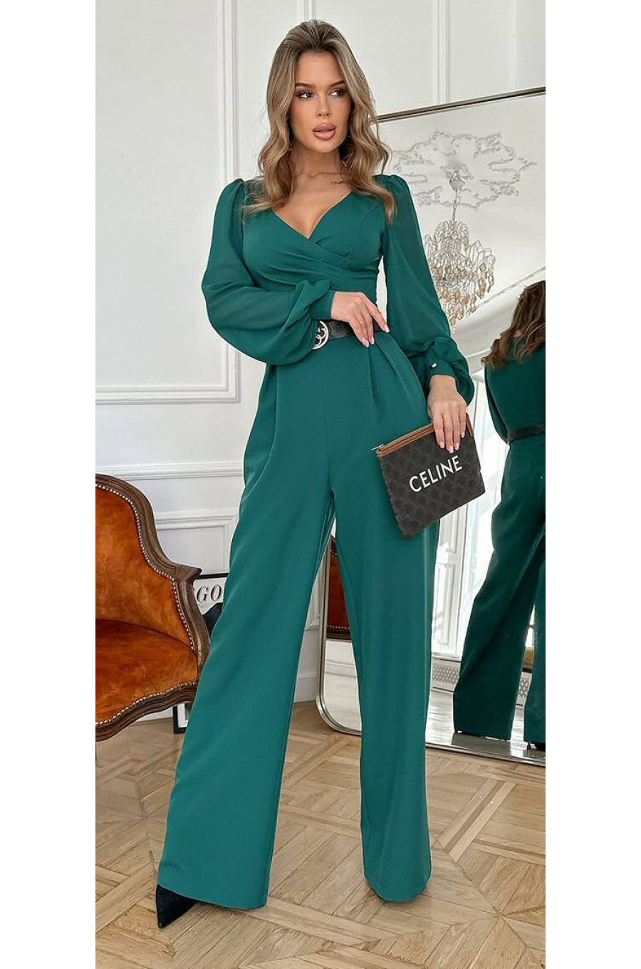 Salopeta eleganta evazata, verde, din vascoza, cu maneca lunga, FeliceB Salopeta eleganta evazata, verde, din vascoza, cu maneca lunga, FeliceB 1 - jojofashion.ro