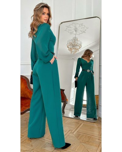 Salopeta eleganta evazata, verde, din vascoza, cu maneca lunga, FeliceB Salopete dama, Salopeta eleganta evazata, verde, din vascoza, cu maneca lunga, FeliceB - jojofashion.ro