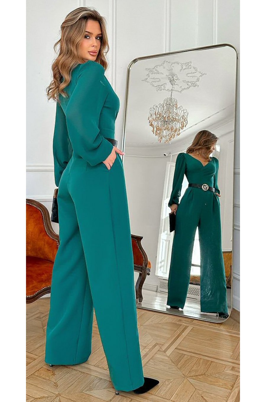 Salopeta eleganta evazata, verde, din vascoza, cu maneca lunga, FeliceB Salopeta eleganta evazata, verde, din vascoza, cu maneca lunga, FeliceB 2 - jojofashion.ro