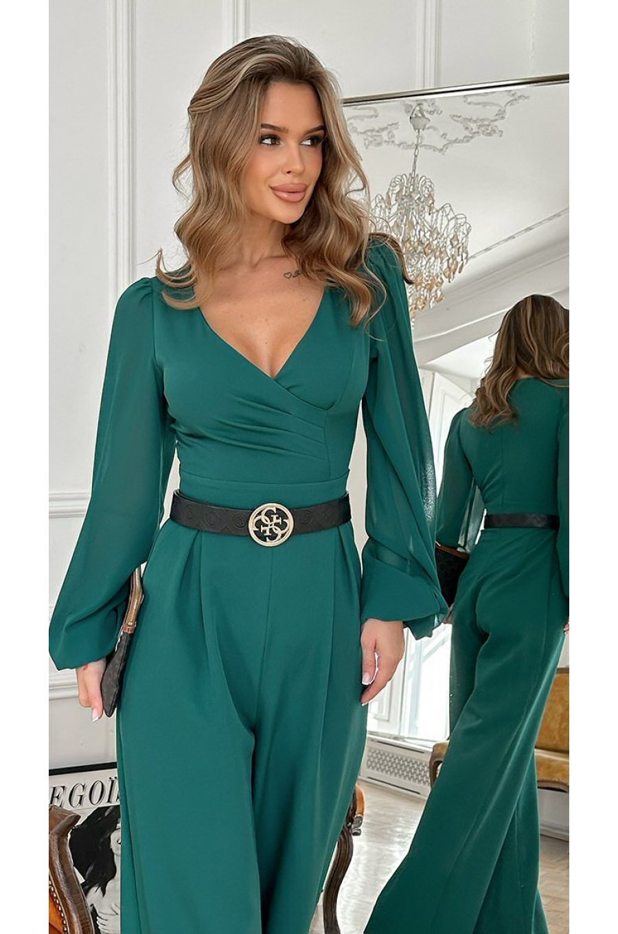 Salopeta dama eleganta evazata, verde, din vascoza, cu maneca lunga, FeliceB 3 - jojofashion.ro