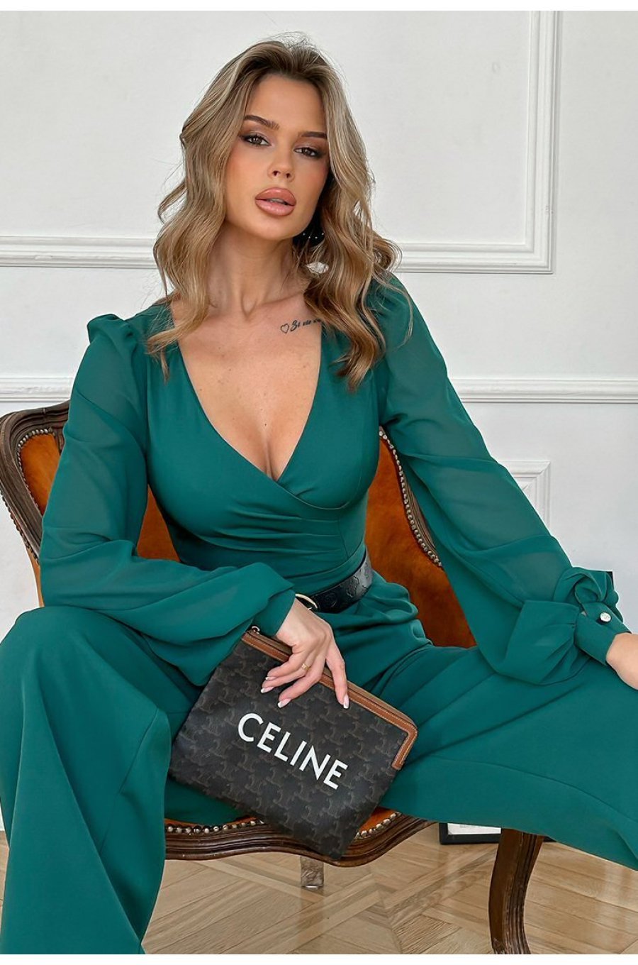 Salopeta eleganta evazata, verde, din vascoza, cu maneca lunga, FeliceB Salopeta eleganta evazata, verde, din vascoza, cu maneca lunga, FeliceB 4 - jojofashion.ro