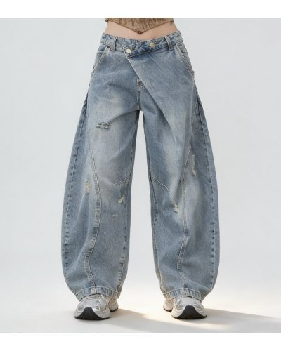 Pantaloni dama, Blugi dama balloon albastri asimetrici ultra-largi Violetta - jojofashion.ro