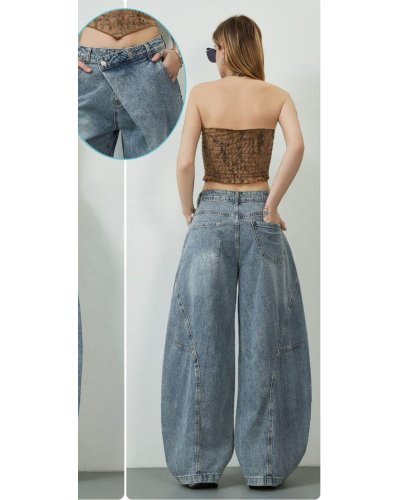 Pantaloni dama, Blugi dama balloon albastri asimetrici ultra-largi Violetta - jojofashion.ro