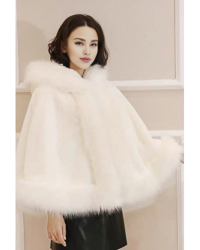 Capa dama, din blana eco, alba, cu gluga, Loudres Geci dama, Capa dama, din blana eco, alba, cu gluga, Loudres - jojofashion.ro