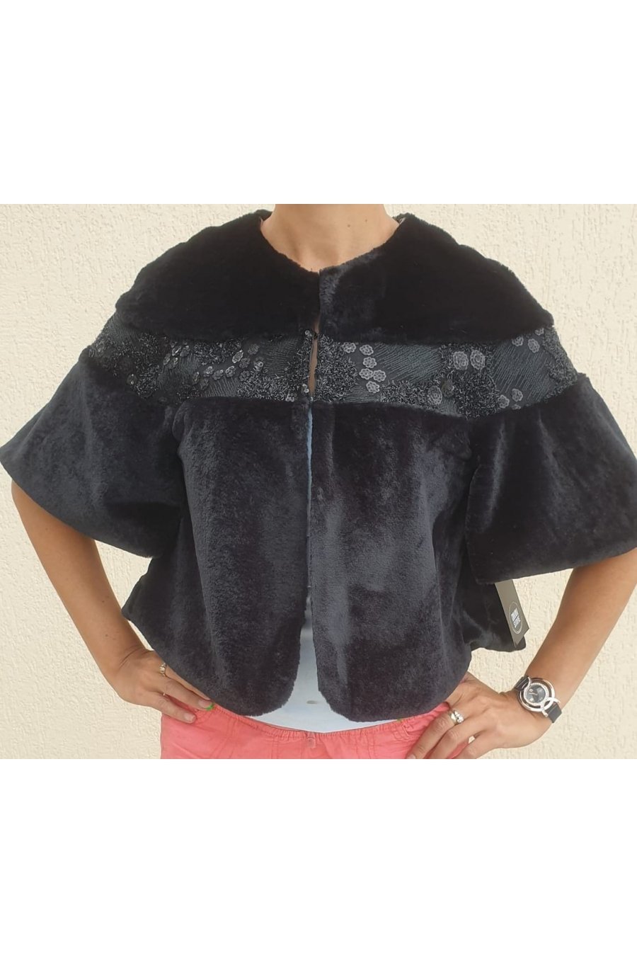 Capa dama din blana neagra eco cu paiete Kenda 1 - jojofashion.ro