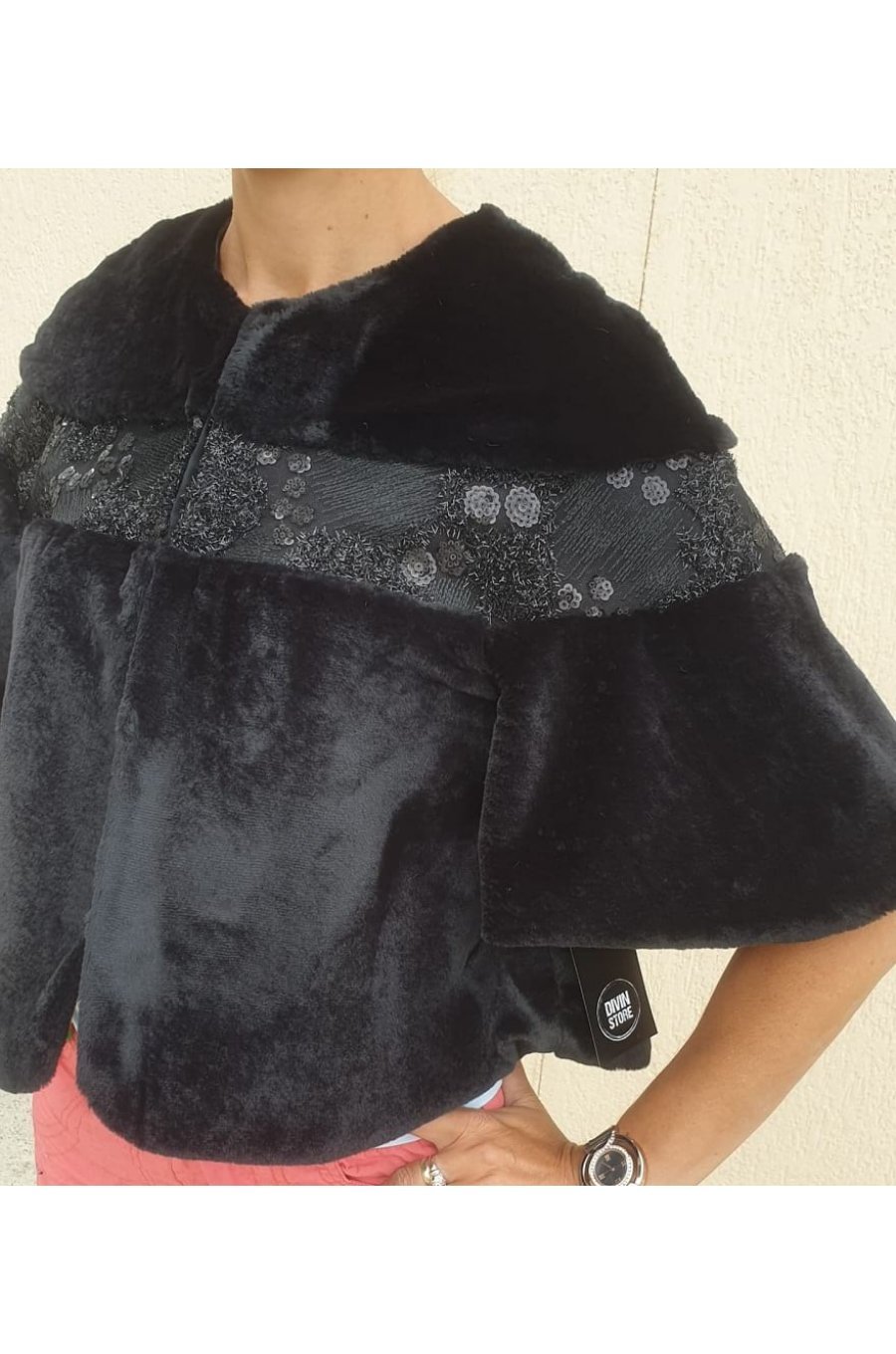 Capa dama din blana neagra eco cu paiete Kenda 2 - jojofashion.ro