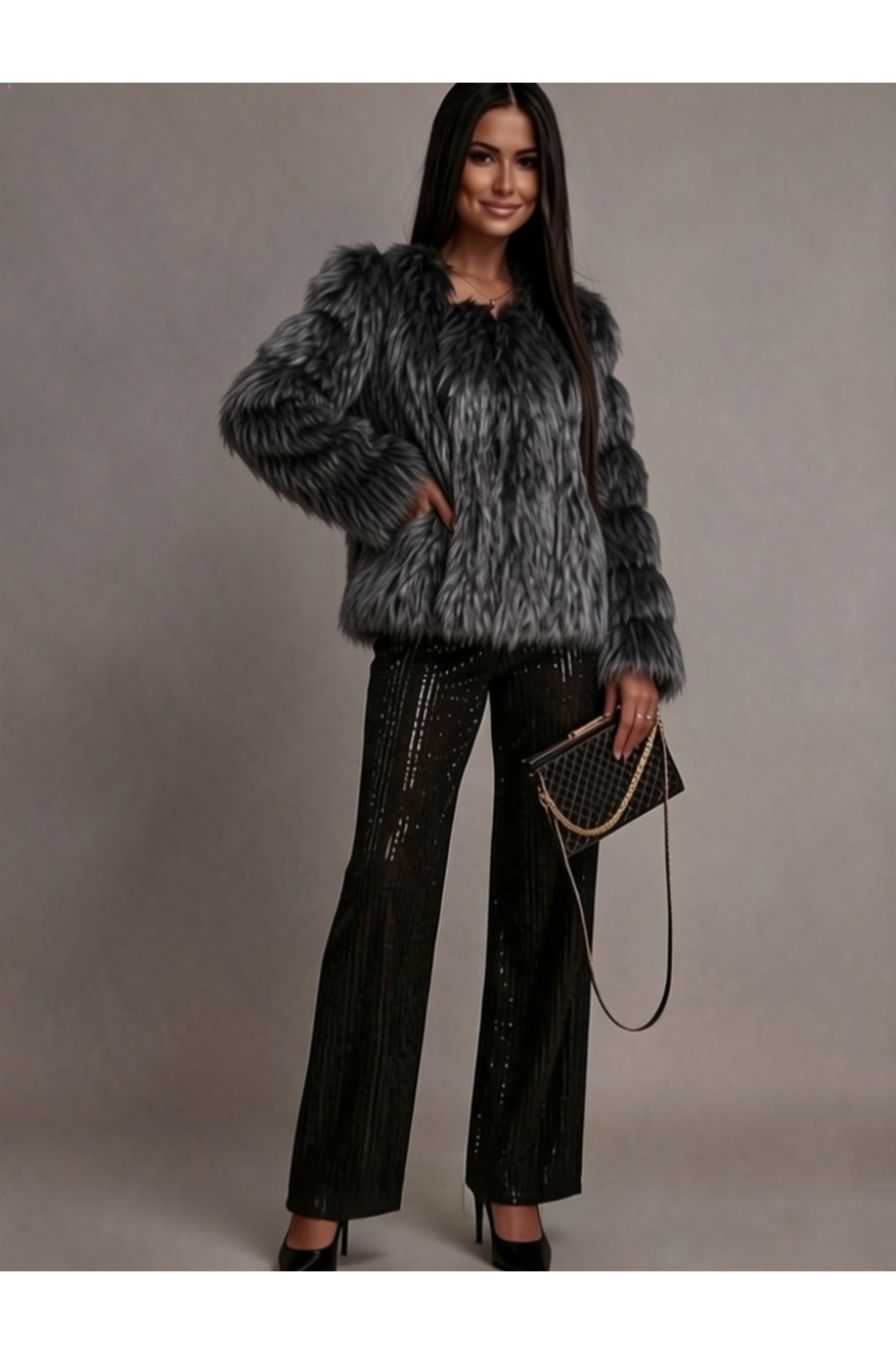 Haina blana de dama imitatie vulpe neagru cu argintiu bomber Foxfire 3 - jojofashion.ro