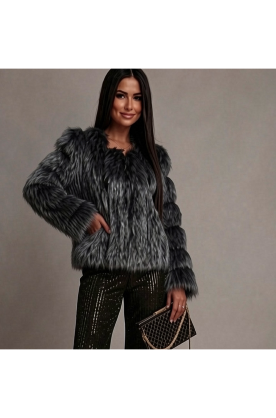 Haina blana de dama imitatie vulpe neagru cu argintiu bomber Foxfire 4 - jojofashion.ro
