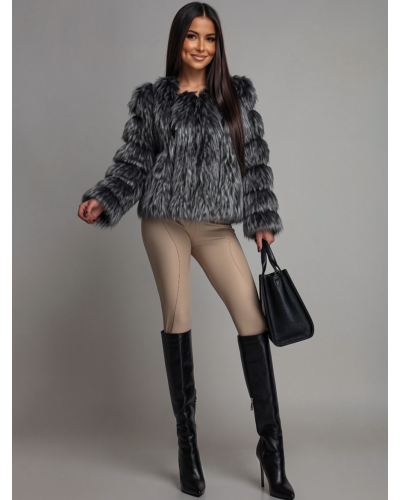 Geci dama, Haina blana de dama imitatie vulpe neagru cu argintiu bomber Foxfire - jojofashion.ro