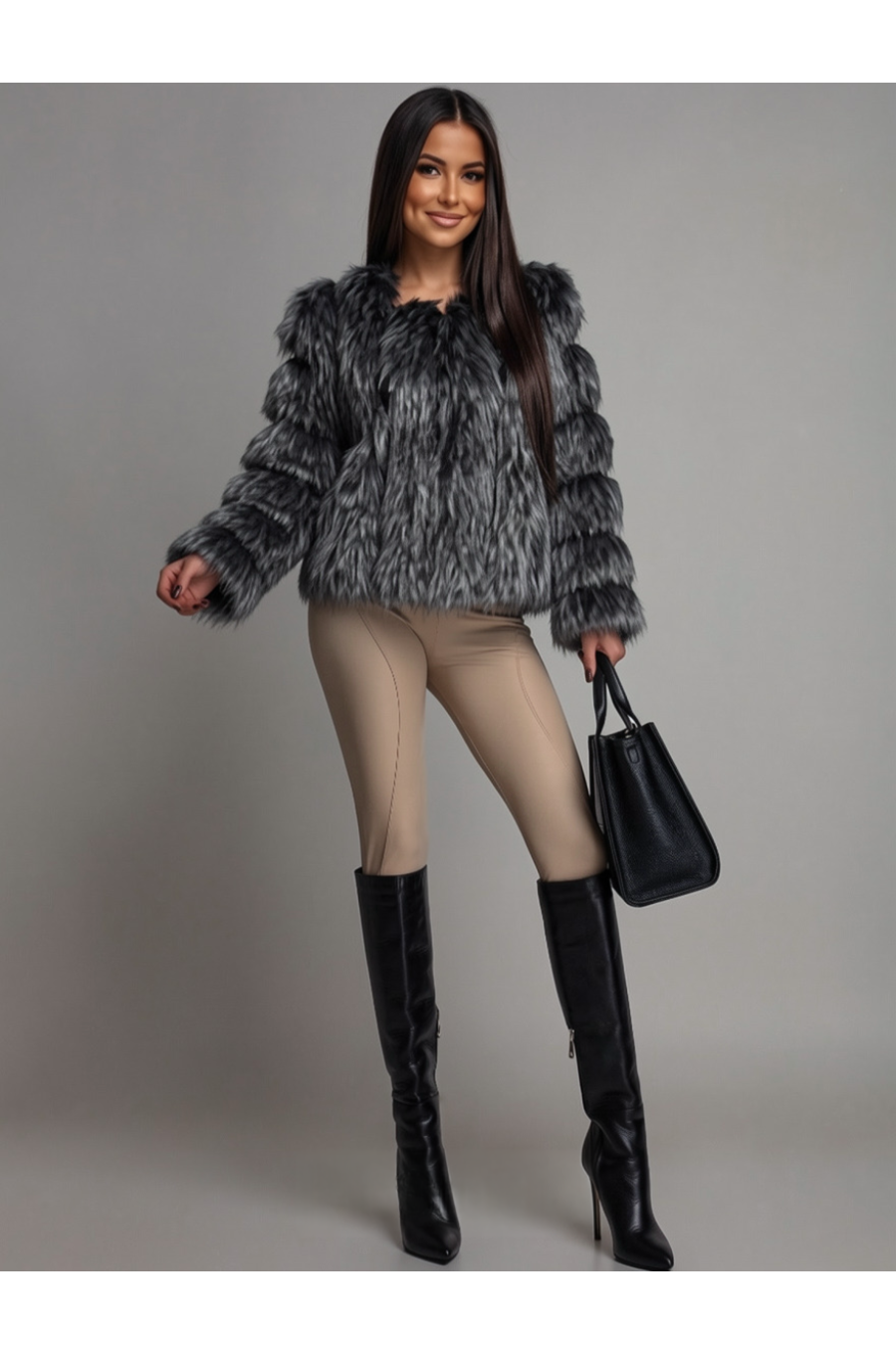 Haina blana de dama imitatie vulpe neagru cu argintiu bomber Foxfire 2 - jojofashion.ro