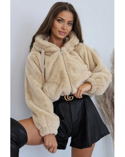 Geci dama, Geaca dama blana eco teddybear crem scurta cu gluga si buzunare Rosary - jojofashion.ro