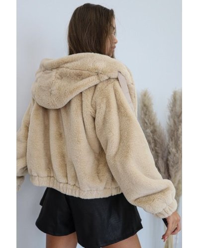 Geci dama, Geaca dama blana eco teddybear crem scurta cu gluga si buzunare Rosary - jojofashion.ro