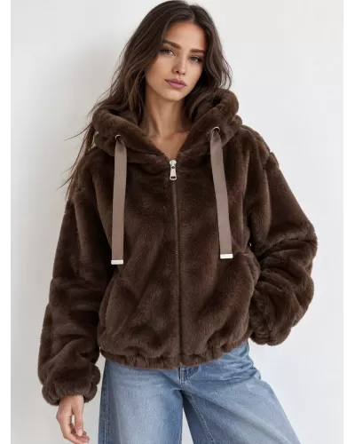 Geci dama, Geaca dama blana eco teddybear maro scurta cu gluga si buzunare Rosary - jojofashion.ro