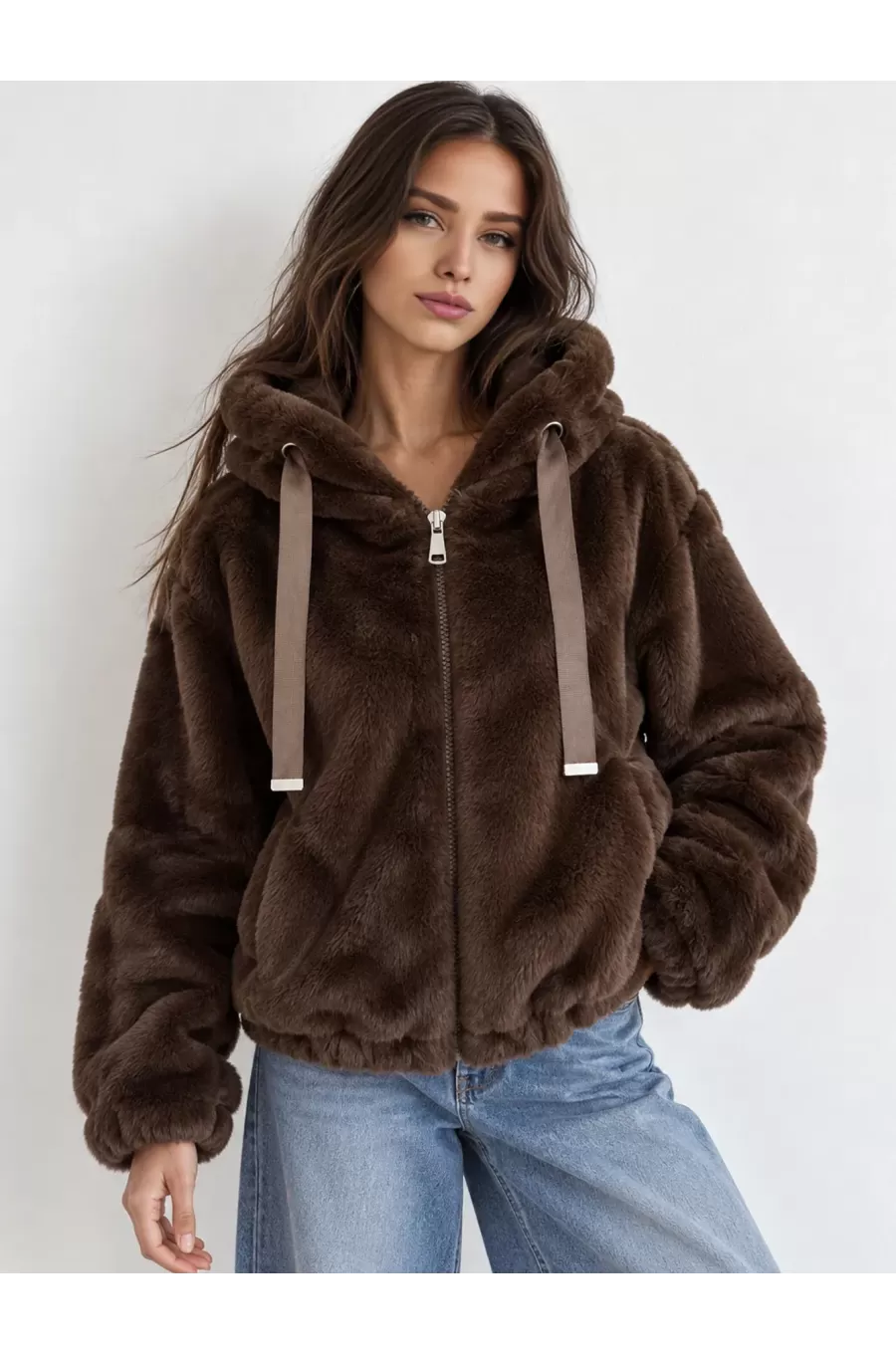 Geaca dama blana eco teddybear maro scurta cu gluga si buzunare Rosary 1 - jojofashion.ro