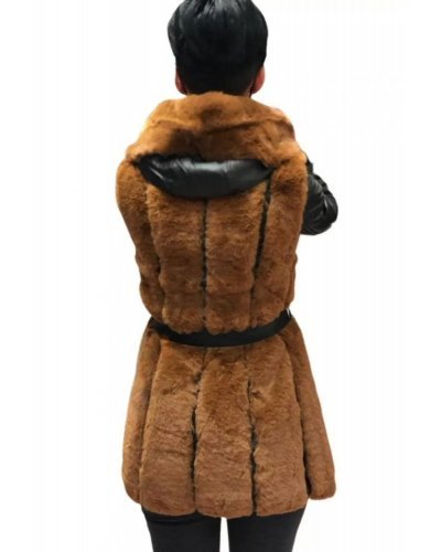 Geaca dama de iarna midi din piele si blana eco maro cu gluga Kadas Geci dama, Geaca dama de iarna midi din piele si blana eco maro cu gluga Kadas - jojofashion.ro