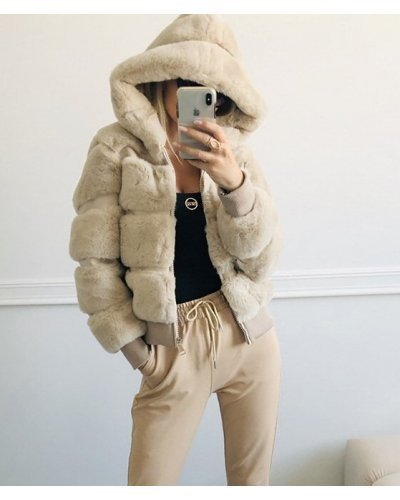 Geaca dama de iarna scurta, blana eco bej, cu gluga, Falima Geci dama, Geaca dama de iarna scurta, blana eco bej, cu gluga, Falima - jojofashion.ro