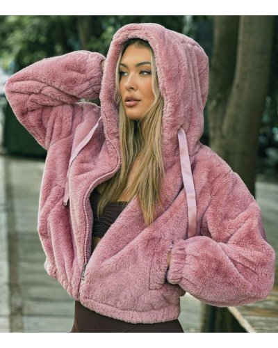 Geaca dama de iarna scurta, blana eco, roz pudra, cu buzunare si gluga, Rosary Geci dama, Geaca dama de iarna scurta, blana eco, roz pudra, cu buzunare si gluga, Rosary - jojofashion.ro