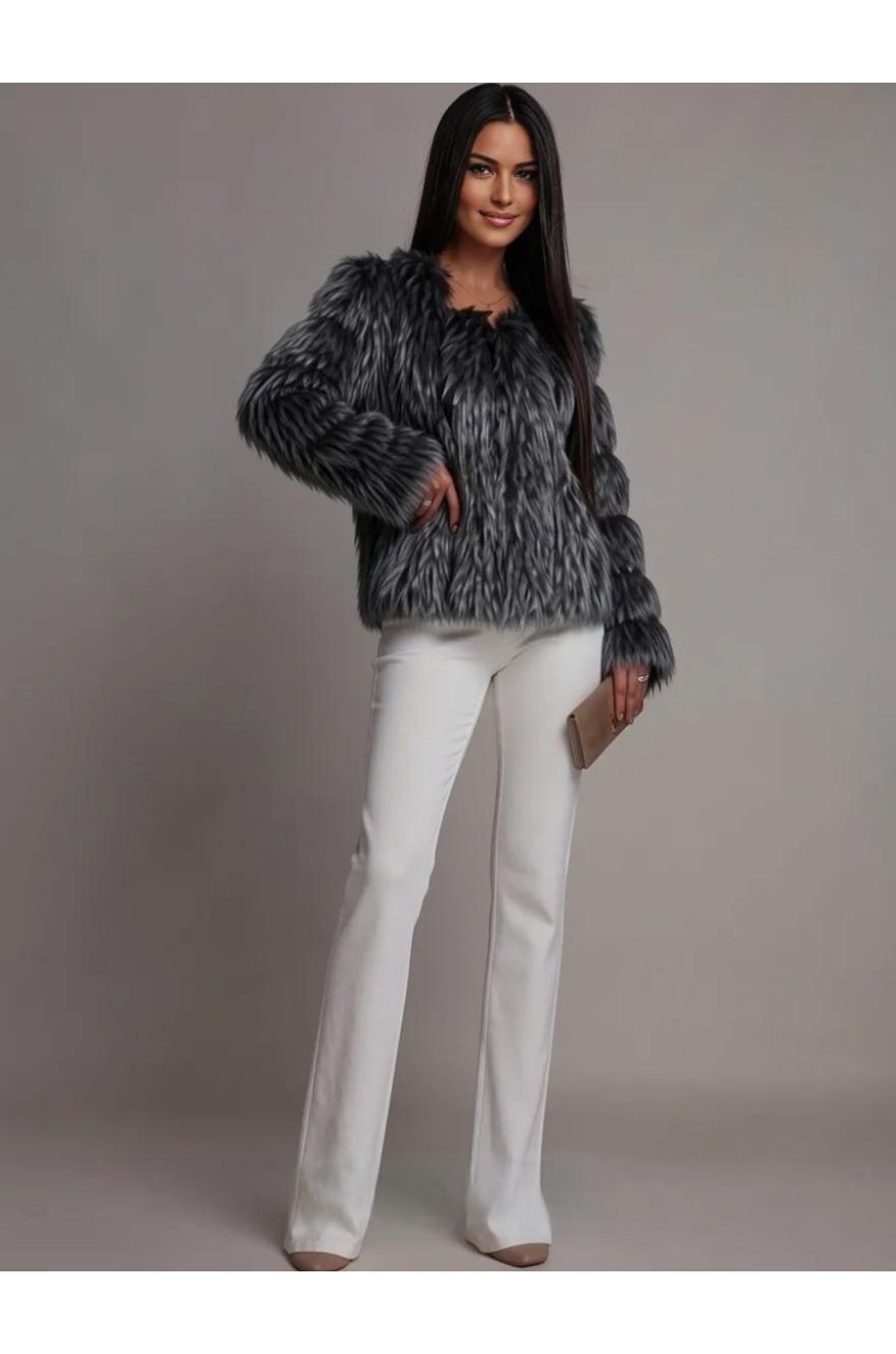 Haina blana de dama imitatie vulpe neagru cu argintiu bomber Foxfire 1 - jojofashion.ro
