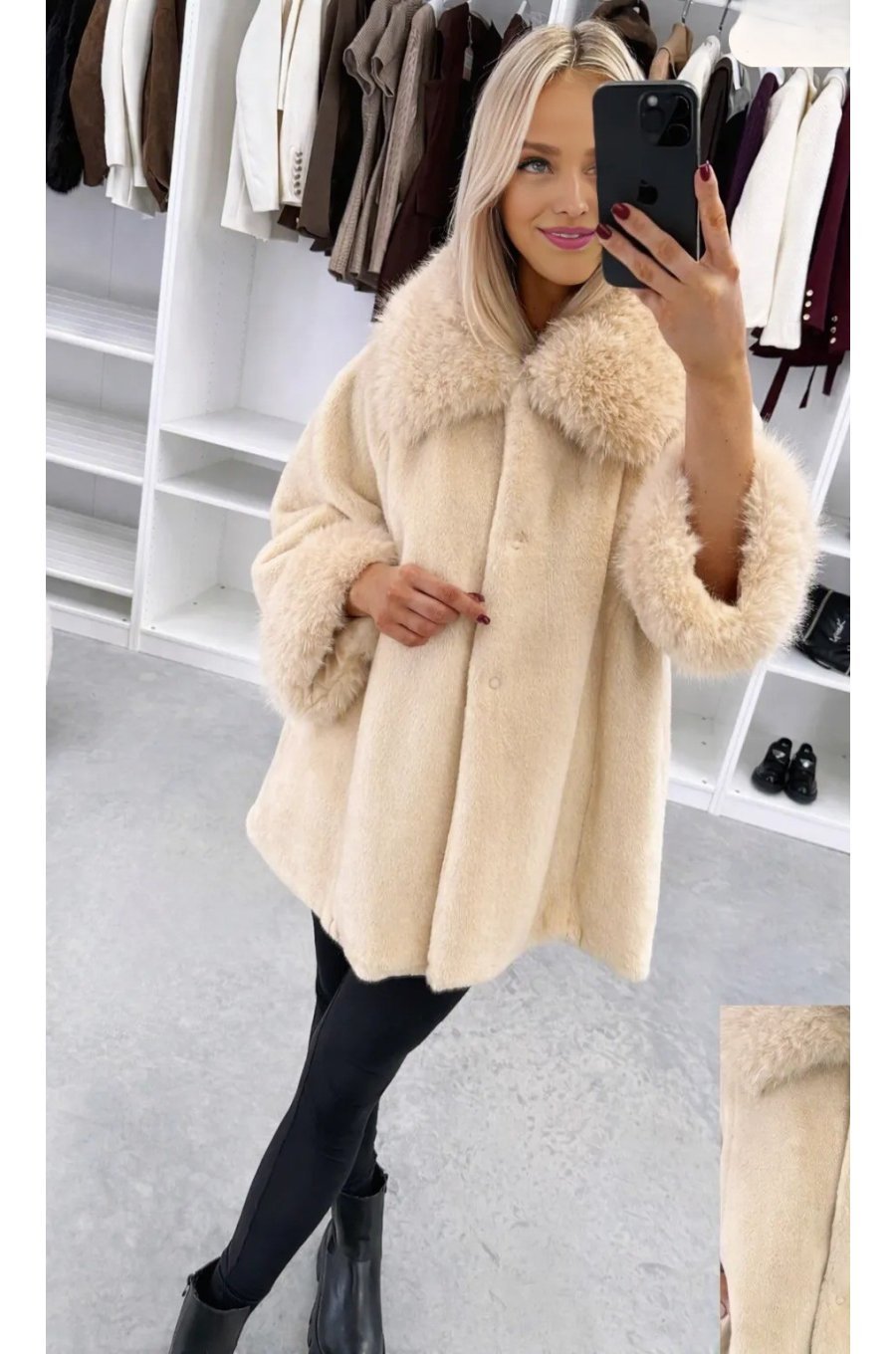 Palton dama scurt bej din blana eco cu guler și mansete voluminoase Ellisse 1 - jojofashion.ro
