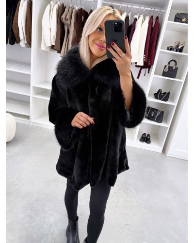 Paltoane dama, Palton dama scurt negru din blana eco cu guler și mansete voluminoase Ellisse - jojofashion.ro