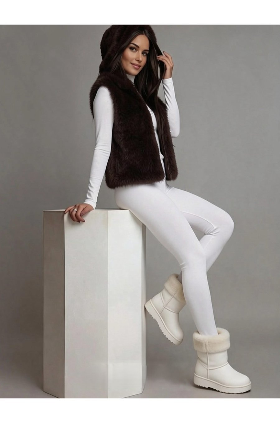 Vesta blana eco de dama maro teddybear cu gluga Bambi  2 - jojofashion.ro