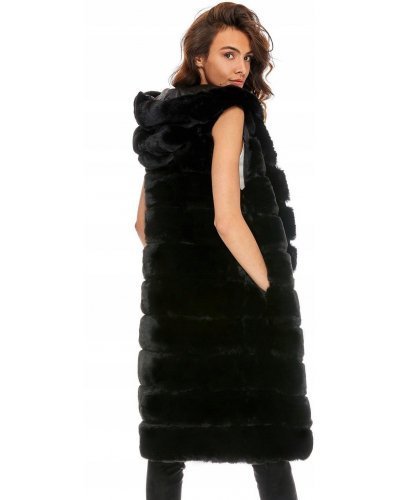 Vesta dama blana eco neagra lunga cu gluga Neriniai Geci dama, Vesta dama blana eco neagra lunga cu gluga Neriniai - jojofashion.ro