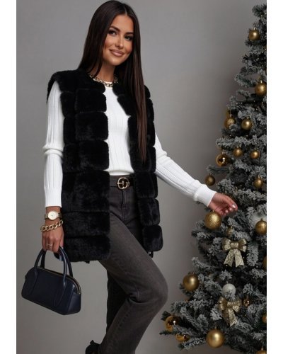 Geci dama, Vesta dama din blana eco neagra midi Fatima - jojofashion.ro