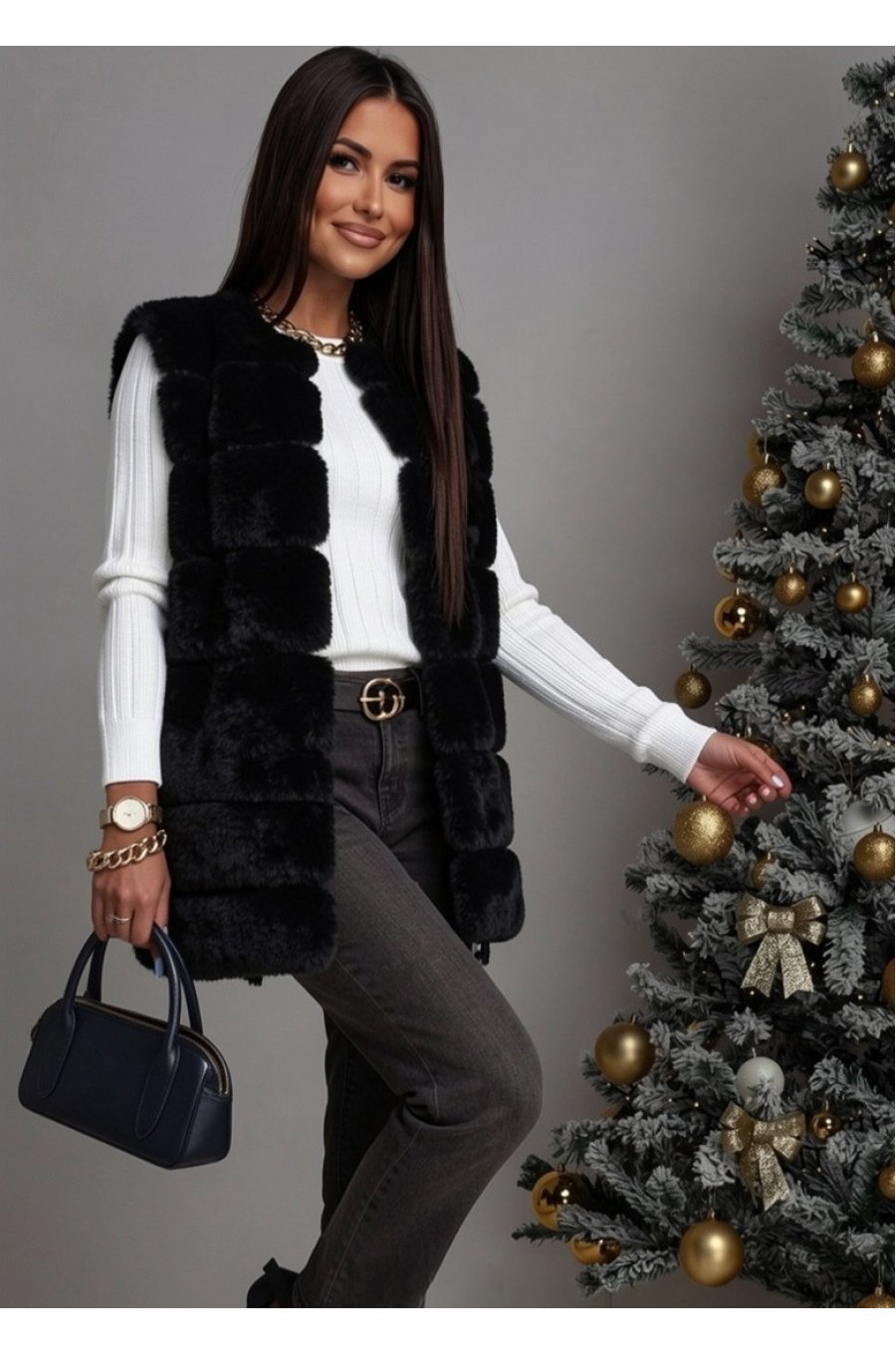 Vesta dama din blana eco neagra midi Fatima 1 - jojofashion.ro
