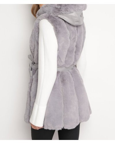Geci dama, Vesta dama midi, din blana eco gri, cu gluga si cordon, Kanita - jojofashion.ro