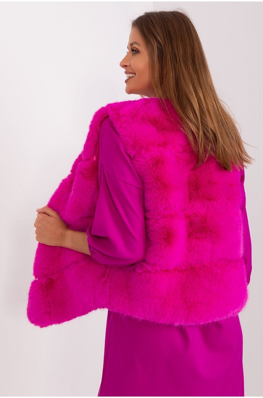 Vesta dama midi, din blana eco, roz fucsia, asimetrica, Odette 3 - jojofashion.ro