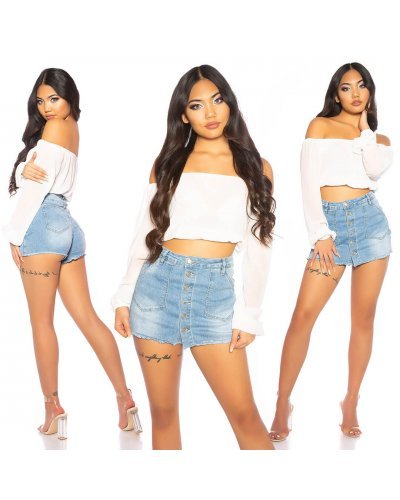 Bluza dama crop alba chiffon cu umeri goi Julieta Bluze dama, Bluza dama crop alba chiffon cu umeri goi Julieta - jojofashion.ro