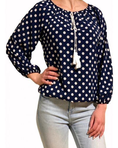 Bluza dama bleumarin cu bulinute albe din voal Brenna Bluze dama, Bluza dama bleumarin cu bulinute albe din voal Brenna - jojofashion.ro