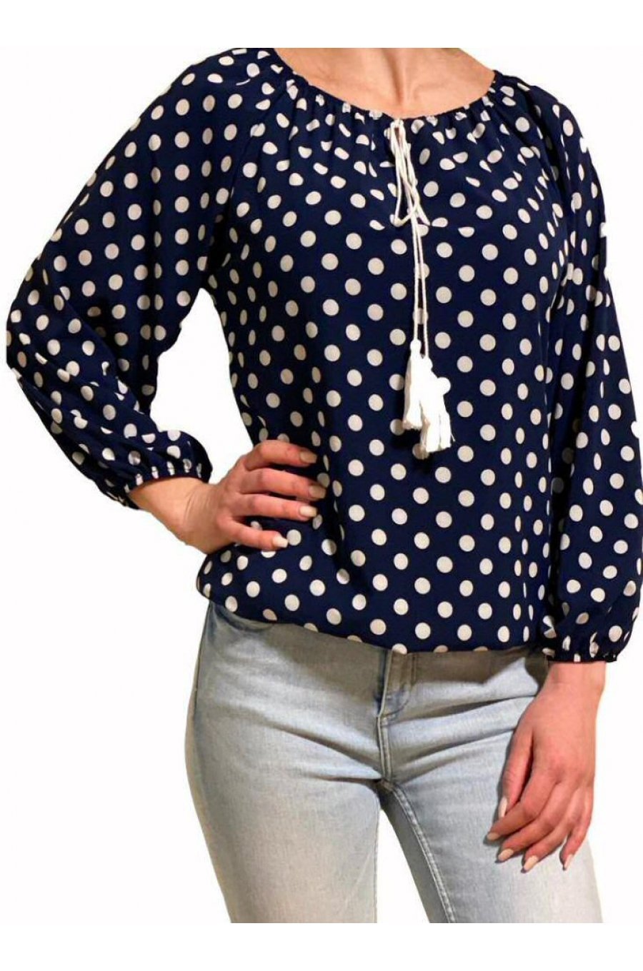 Bluza dama bleumarin cu bulinute albe din voal Brenna 1 - jojofashion.ro