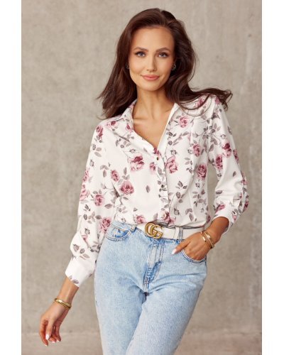 Camasi dama, Camasa dama alba cu flori roz pudra, cu maneca lunga, Parma - jojofashion.ro