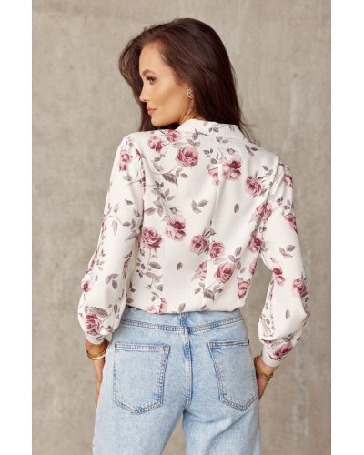 Camasi dama, Camasa dama alba cu flori roz pudra, cu maneca lunga, Parma - jojofashion.ro