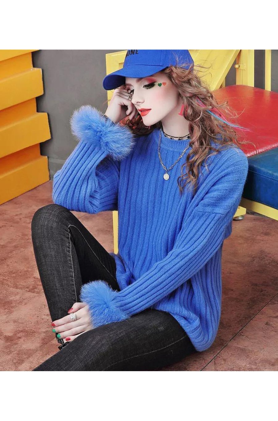 Pulover dama albastru din lana cu blana artificiala Misa 1 - jojofashion.ro