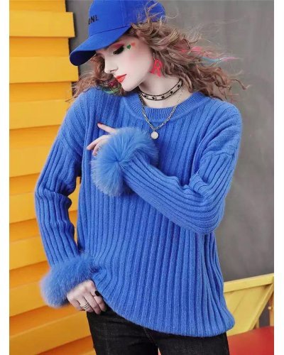 Pulovere dama, Pulover dama albastru din lana cu blana artificiala Misa - jojofashion.ro