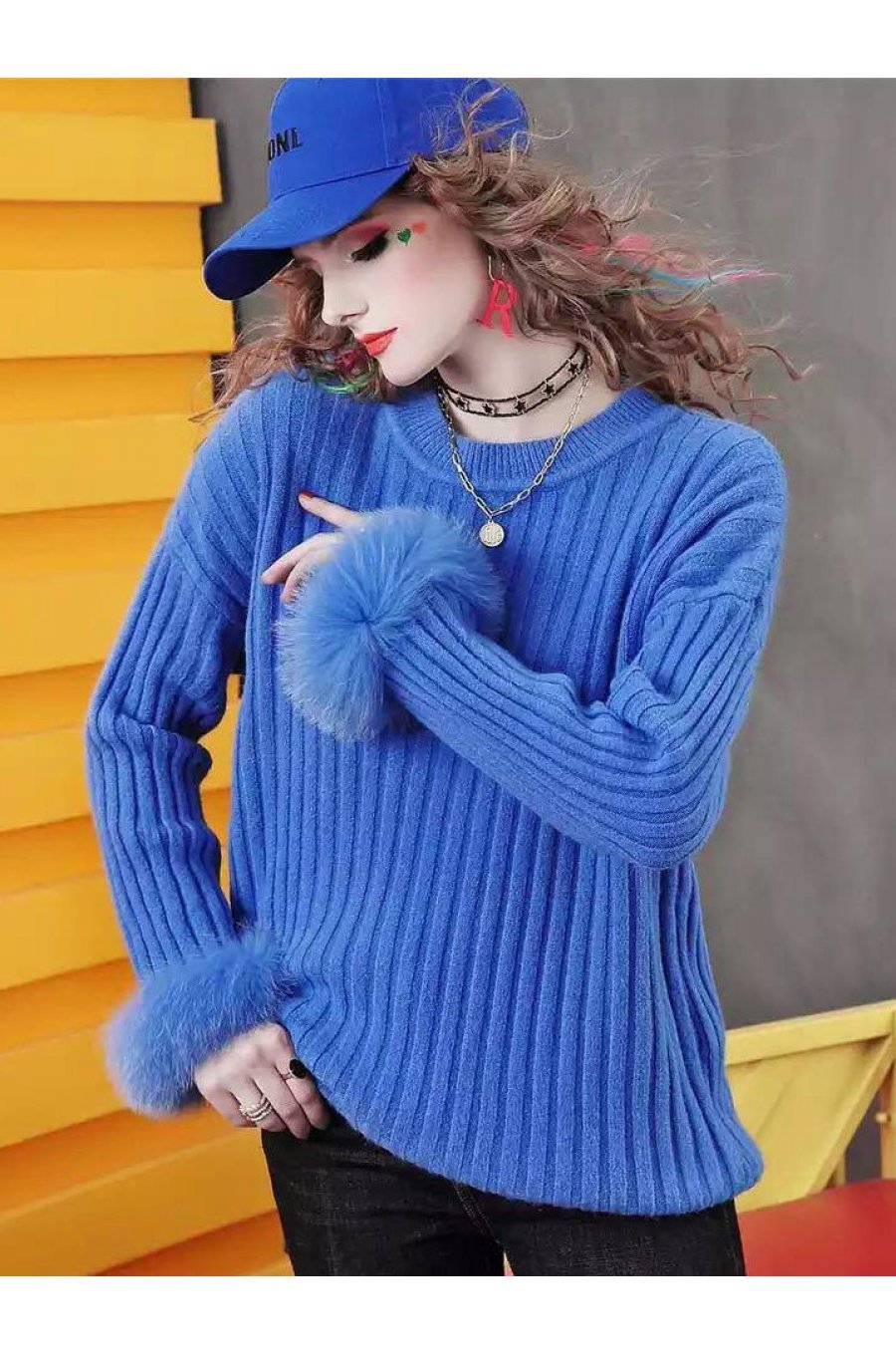 Pulover dama albastru din lana cu blana artificiala Misa 2 - jojofashion.ro