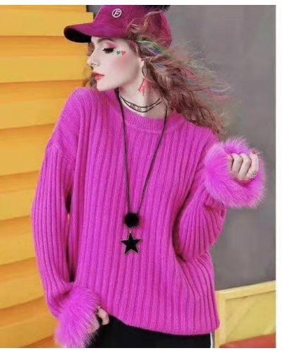 Pulovere dama, Pulover dama din lana cu blana artificiala fucsia Misa - jojofashion.ro