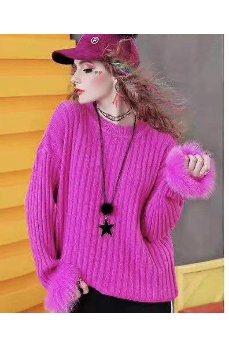 Pulover dama din lana cu blana artificiala fucsia Misa 1 - jojofashion.ro