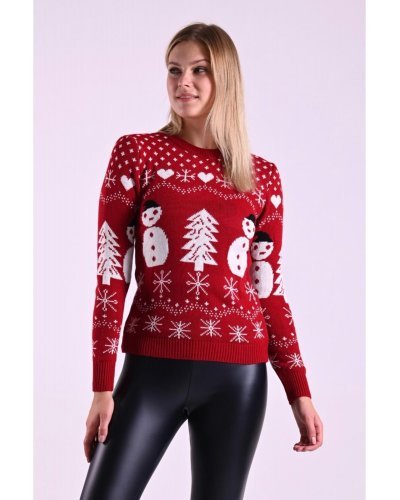 Reduceri Finale, Pulover dama tricotat rosu cu motive de Craciun Ella - jojofashion.ro