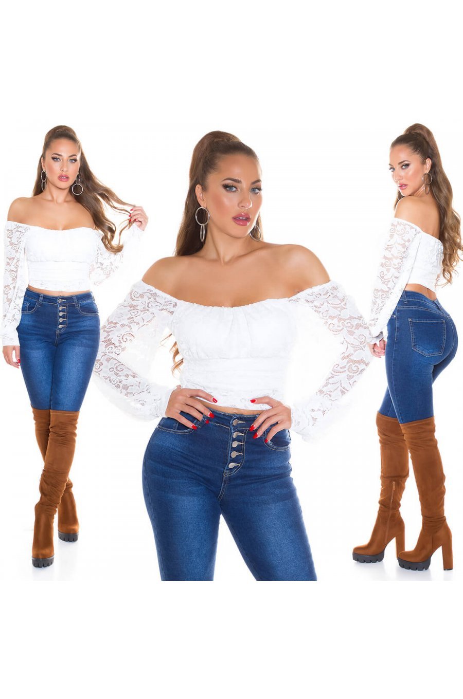 Crop top dama dantela alba cu umeri goi Diana Crop top dama dantela alba cu umeri goi Diana 5 - jojofashion.ro