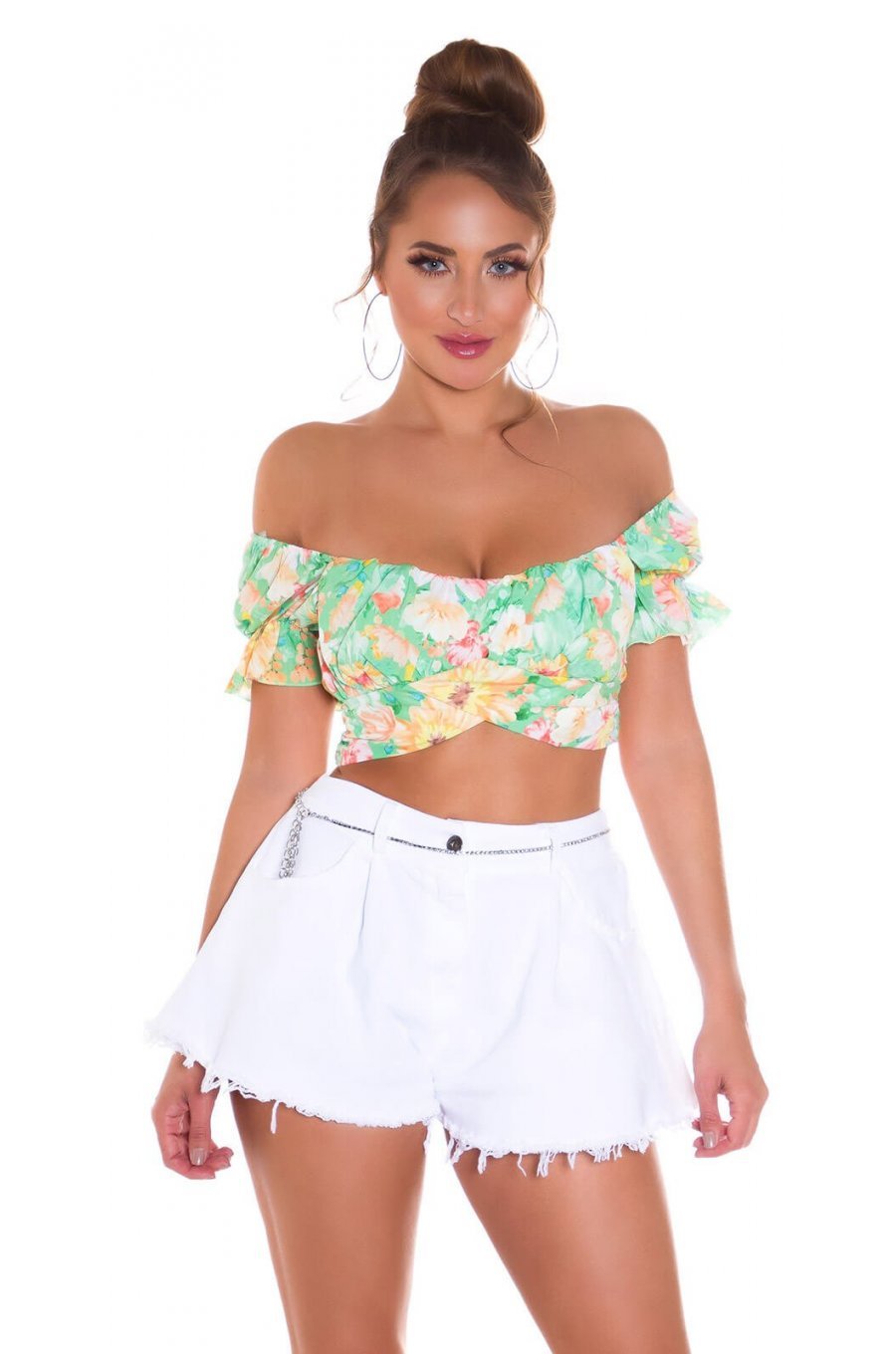 Crop top dama verde cu flori multicolore Corliss 1 - jojofashion.ro