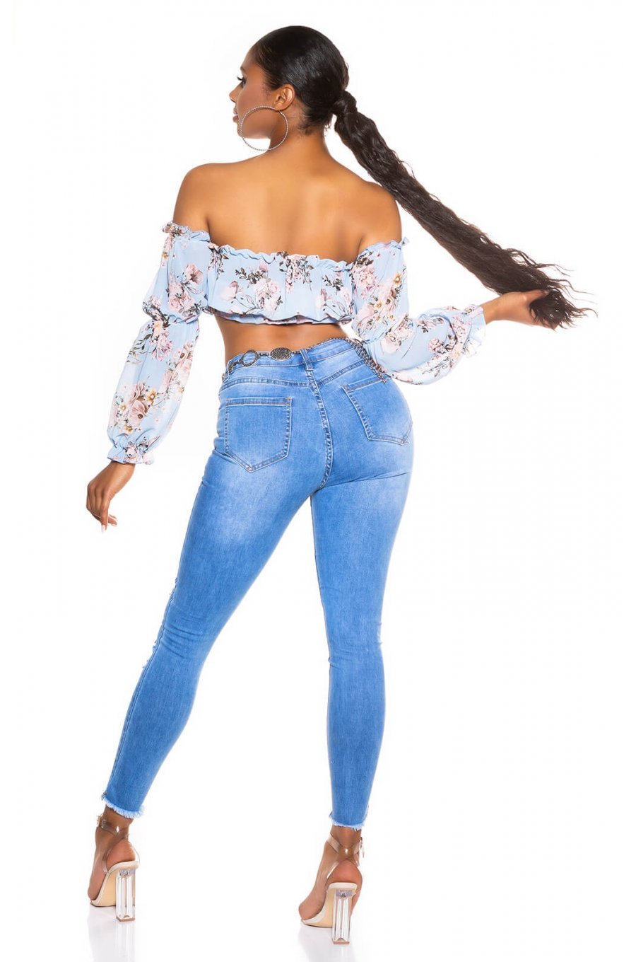 Top dama floral scurt cu umerii goi bleu Creolla 5 - jojofashion.ro